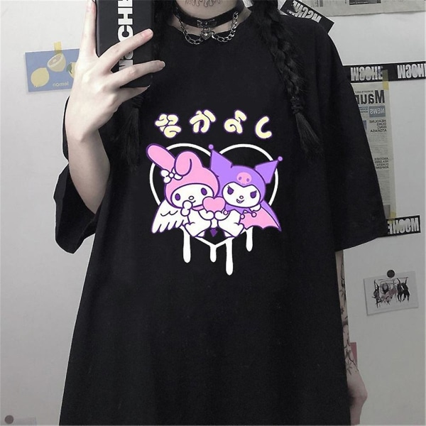 Kuromi & My Melody Anime Print T-shirt Kvinnor Tonåringar Sommar Kortärmad Tee Casual Lös Passform Toppar Harajuku Tee Shirts L