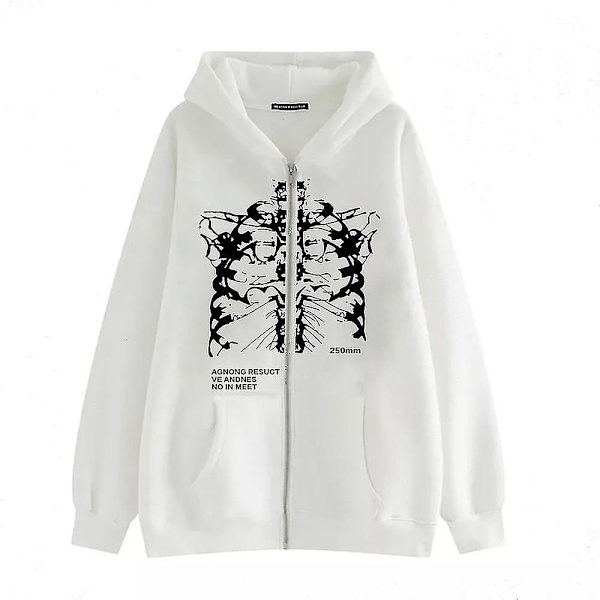 Mörk Sweatshirt med Dragkedja Skelett Hoodie Benprydd Hoodie High Street Hipster Sweatshirt Jacka white-black XL