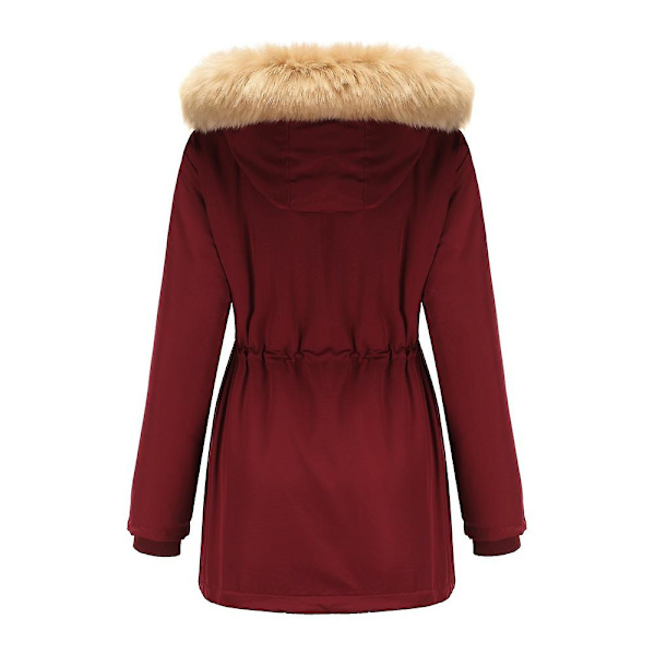 Tykk hetteparkas for kvinner, vindtette fleeceforede jakker med lommer Wine Red XL