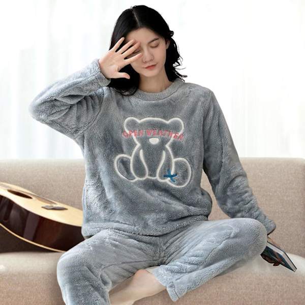 Dam Vinter Flanell Pyjamas Set Söta Tryckta Långärmade Nattkläder Topp Och Byxor Set För Sovkläder Pyjamasparty New Bear XL