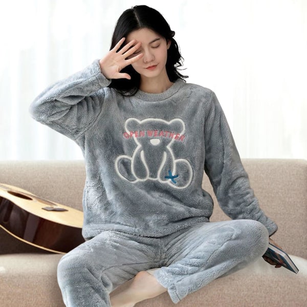 Dame Vinter Flanell Pyjamas Sett Søte Trykte Langermet Nattøy Topp Og Bukse Sett For Nattøy Pyjamasparty New Bear XL