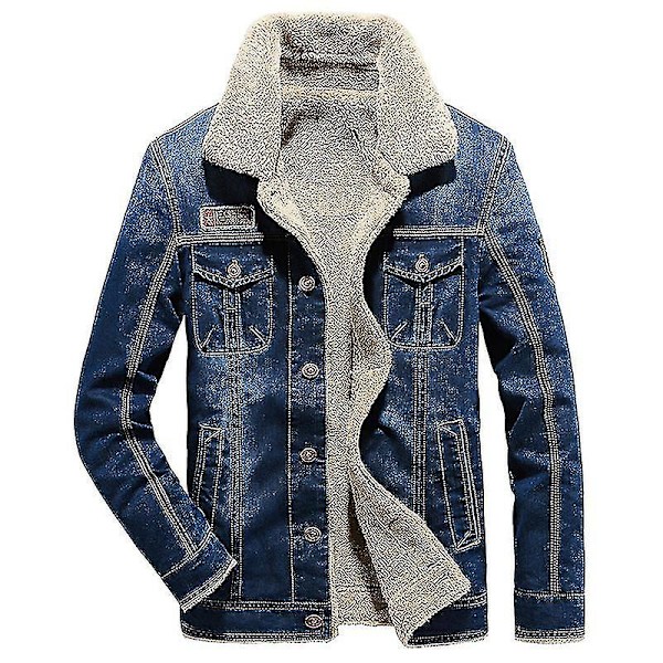 Herr Vinter Jeansjacka Slim Fit Fleece Fritidsjacka Slag Tjock Varm Ytterkläder Blue L