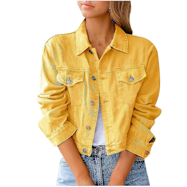 Dam Solid Jeansjacka Långärmad Ming Kofta Kostym Ficka Kappa Topp Yellow XXL