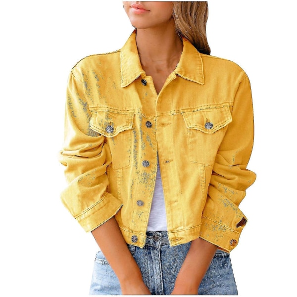 Dame Solid Denim Jakke Langærmet Ming Cardigan Suit Lomme Frakke Top Yellow XXL