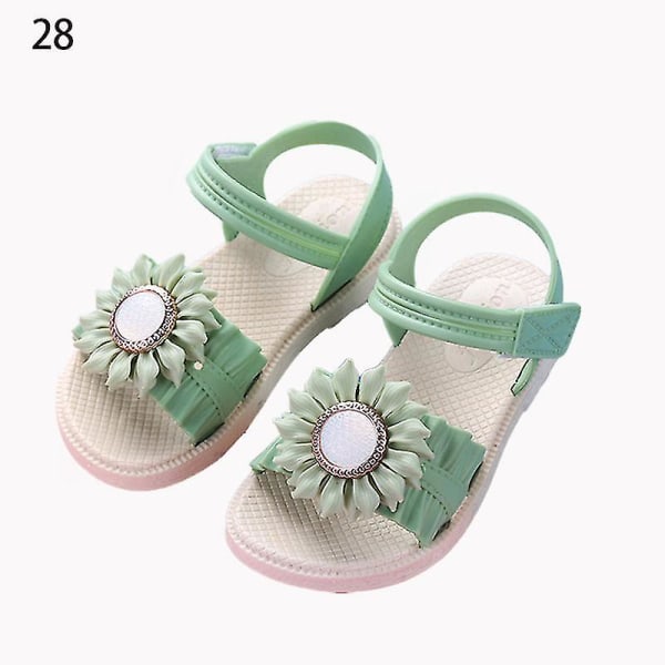 Flicksandaler med öppen tå för flickor, prästkrageblomma, sommarskor för stranden med PVC-sula, halkfria Green 28