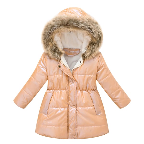 Barnflicka vinter pufferjacka ljus och glänsande färg medellång kappa med huva Orange 130cm