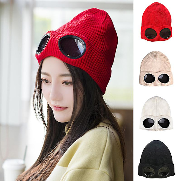 Unisex Uld Strikket Goggles Hue Vinter Varm Hætte Til Mænd Kvinder Udendørs Sport Wine Red