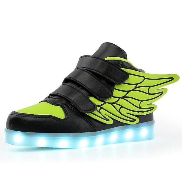 Led Light Up Hi-top Skor Med Wing USB Uppladdningsbara blinkande Sneakers För Småbarn Barn Pojkar Flickor Black Green 34