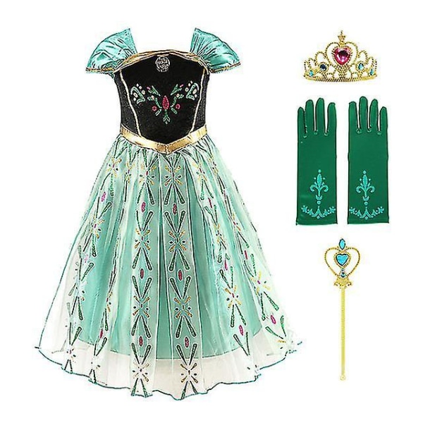 Anna Princess Dress Cosplay Costume Girls Blommig Anembroidery Shoulderless Green Dress 150