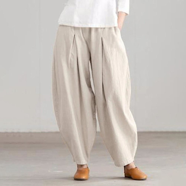 Naisten puuvilla-pellavatyyliset haremhousut, löysät Ali Baba -housut, pitkät, plus-koko Apricot 4XL