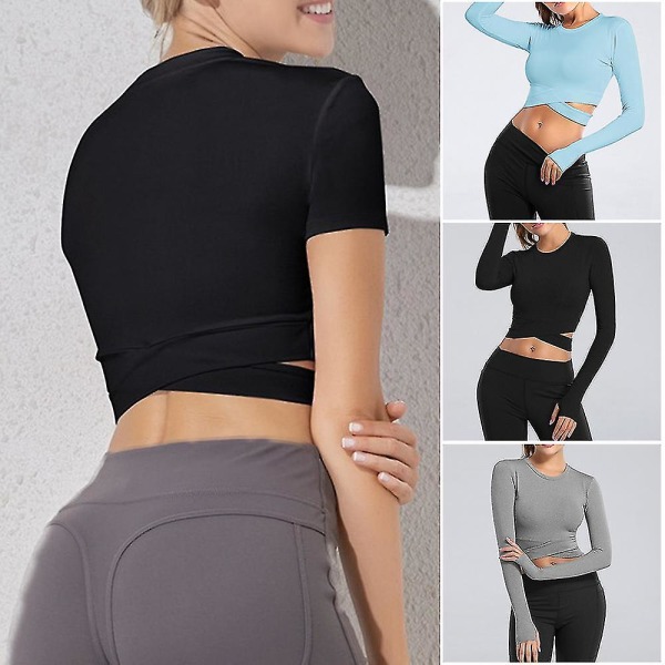Korta Ärmar Crop Tops Yoga Löpartröjor Gym Träning Cropped Toppar För Kvinnor Short Sleeve Grey XL