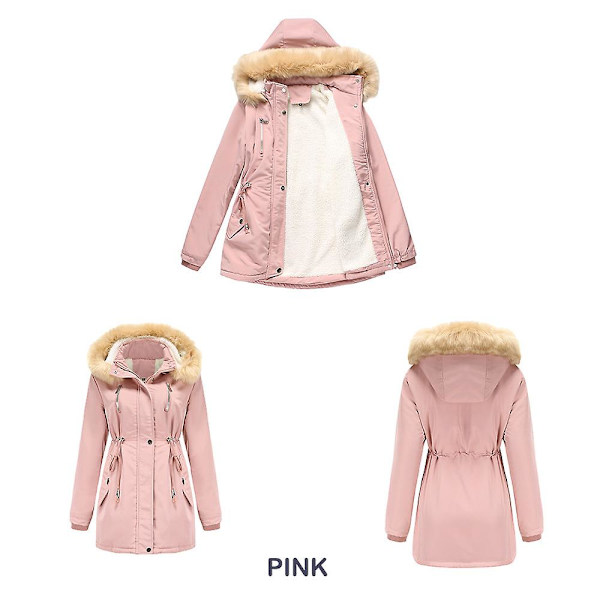 Tykk hetteparkas for kvinner, vindtette fleeceforede jakker med lommer Pink M