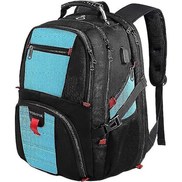 Matkareppu, 50 litran erittäin suuret kannettavan tietokoneen reput miehille ja naisille, vettähylkivä college-reppu, lentoyhtiön hyväksymä työreppu USB-latauksella Light blue