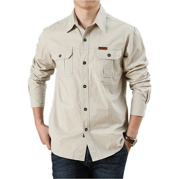 Herre skjorte ensfarget avslappet løs langermet skjorte herre arbeidsklær lommedesign stil jakke Beige 4XL-195