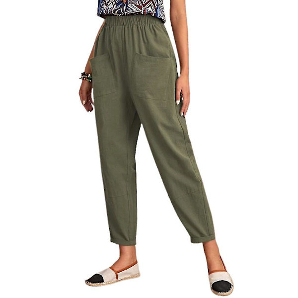 Cropped bukser med elastisk talje, løse, afslappede, lange, ensfarvede bukser Army Green M