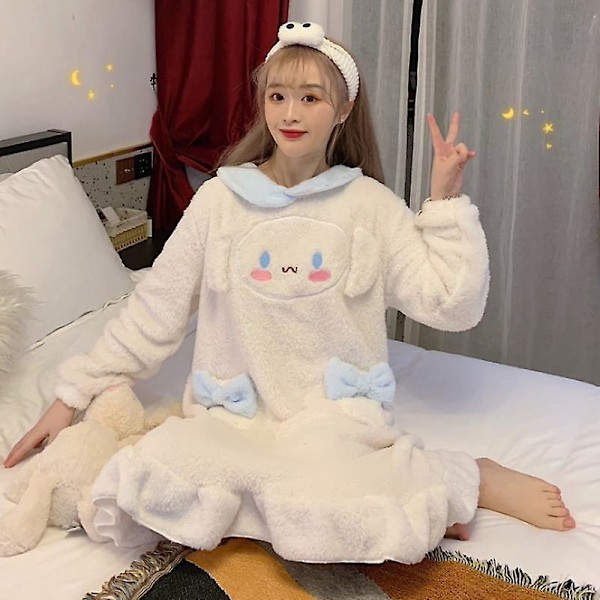 Kawaii Tegneserie Sanrios Cinnamoroll Søt Korallfleece Nattkjole Hvit Medium Lengde Hjemmeklær Pyjamaskjole L Cinnamoroll