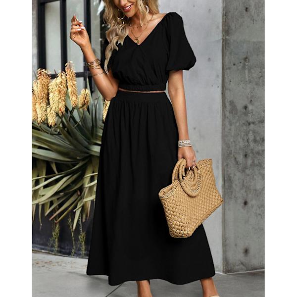 Lös Midi Klänningsset för Dam, Tröja med V-ringning, Set för Vardagligt Hemmabruk Black XL