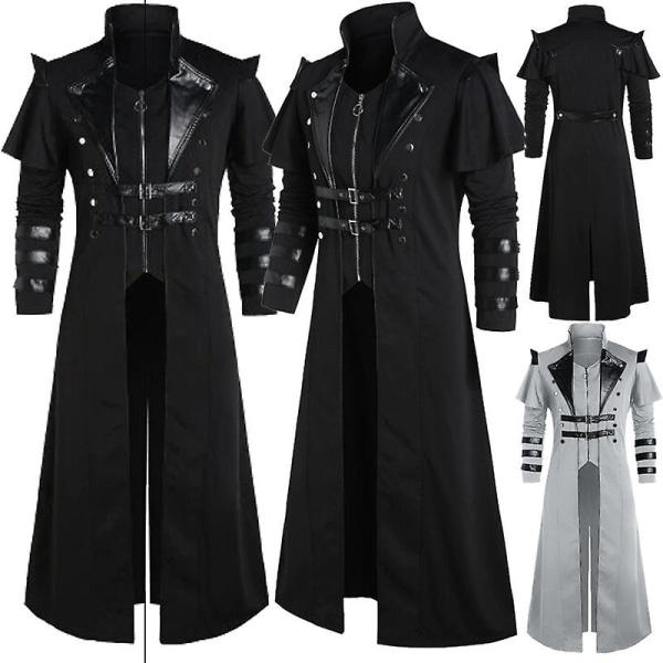 Vintage Halloween Medeltida Steampunk Assassin Alver Piratdräkt Vuxen Män Svart Lång Delad Jacka Gotisk Rustning Läderrockar Black S