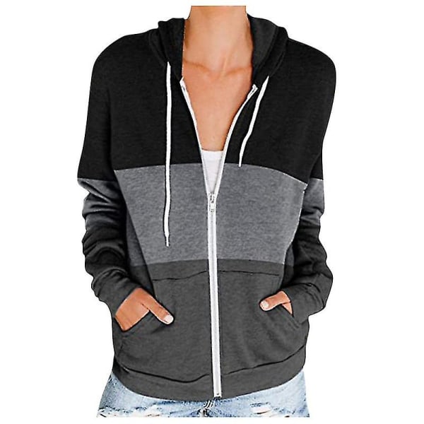 Dame Casual Color Block Hættetrøjer Toppe Langærmet Snøre Pullover Sweatshirts Med Lomme(r) (s-3xl) A Black L