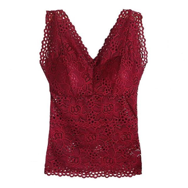 Nytt Linne V-ringad Skelett Med Kuddar Spaghettiband All-match Sexig Spets Lång BH Virkad Väst Underkläder Wine red XXL