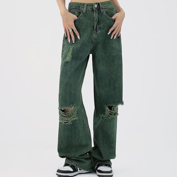 Kvinnor Streetwear Mode Byxor Höst Kvinnliga Gröna jeans Förstörda slitna hål Sexig Hög midja St Green L