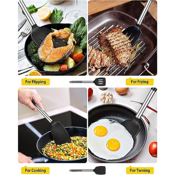 2-pack silikon stekspade, non-stick slitsad köksspatel, hög värmebeständig BPA-fri matlagningsspatel, idealisk köksutrustning för fisk, ägg, pannkakor black