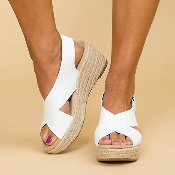 Kvinnor Sommar Ankel Strap Mid Wedge Heel Espadrilles Plattform Sandaler Skor White EU 43