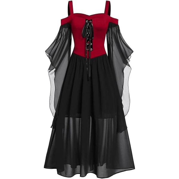 Maxikjole med sommerfugleærmer til kvinder, middelalder punk gotisk tøj, sexet Halloween kostume, kjoler med kolde skuldre og korset C-red Medium