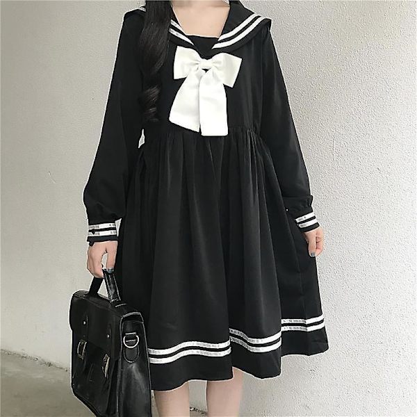 Svart Lolita-klänning Kvinnor Rosett Patchwork Lös Japansk Preppy Stil Sjömanskrage Kawaii Långärmad Klänning Jk Flickkläder L Black