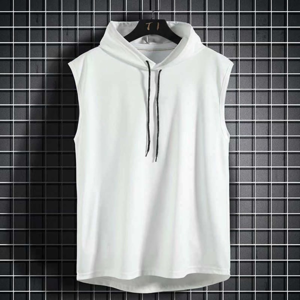 Sporthuvtröja herrväst med huva i lös koreansk version T-shirt för casual Festskola White XL