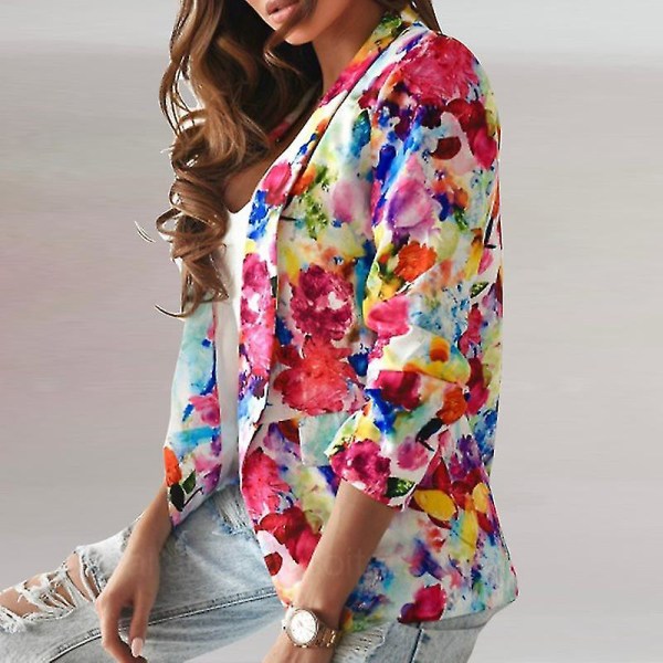 Dame Tie Dye Business Jakker Casual Høstjakke Blomsterprint Blazere Red XXL