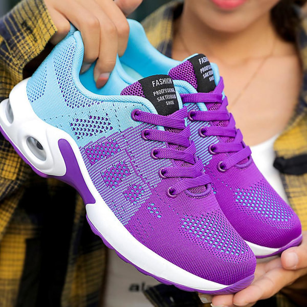 Dame Snøresko Mesh Pustende Løpe Gym Air Cushion Sneakers Walking Sportssko Purple 38
