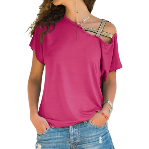 Dame Cross Cold Shoulder T-skjorte Sommer Casual Stilig Kort Ermet Tee Bluse Løse Topper Pluss Størrelse Rose Red M