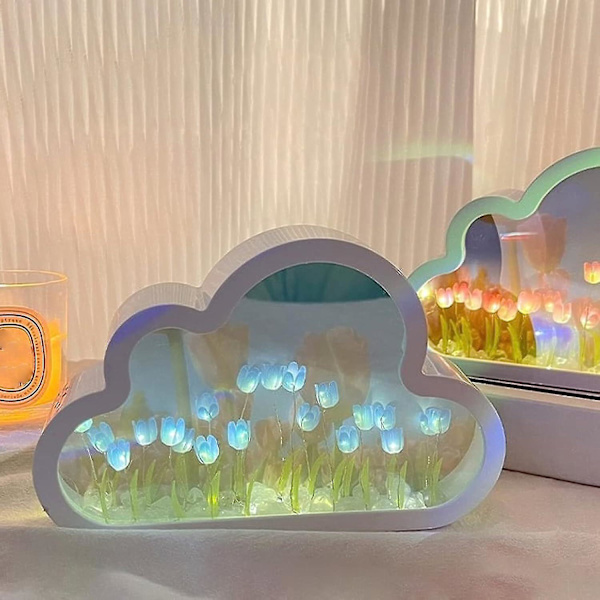 DIY Tulip Nattlampe, Sky Tulip Speil Nattlampe, Simuleringsblomst Bordlampe Blue