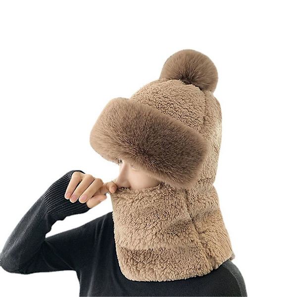 Naisten Talvinen Pehmoinen Tekoturkis Hattu Paksu Tuulenpitävä Hupullinen Huivi Hattu Kaulanlämmitin Dark Khaki
