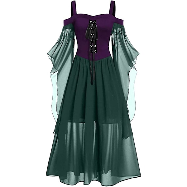 Maxikjole med sommerfugleærmer til kvinder, middelalder punk gotisk tøj, sexet Halloween kostume, kjoler med kolde skuldre og korset B-army Green Small