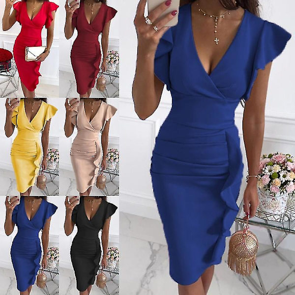 Dame V-hals Flæse Bodycon Midi Kjole Damer Plisseret Ol Arbejde Lille Festkjole Red L