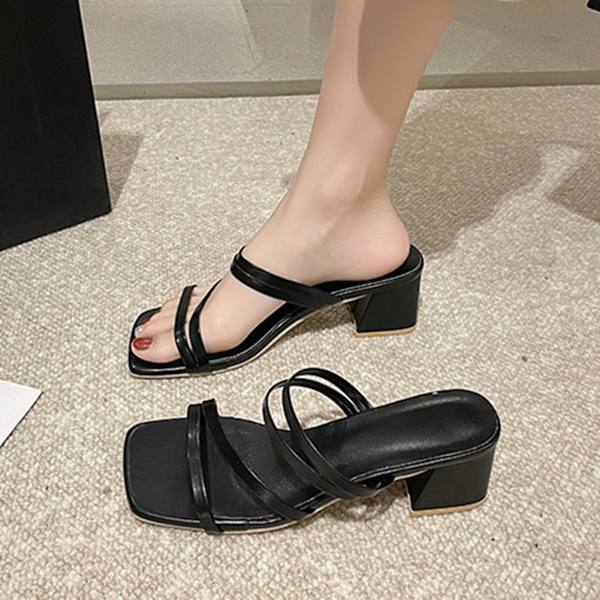 Sommarsandaler för damer med fyrkantig tå, slip-on strandsandaler för damer för fest, arbete och semester Black 38