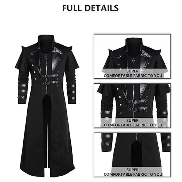 Vintage Halloween keskiaikainen steampunk-tyylinen salamurhaaja haltia merirosvo asu aikuisille miehille musta pitkä halkio takki goottilainen panssari nahkatakit Black XL