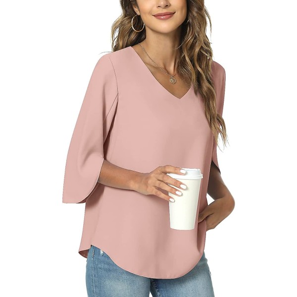 Sommar kvinnor casual skjorta, V-hals lös tunika topp för leggings, split 3/4 ärmar chiffong blus Pink X-Large