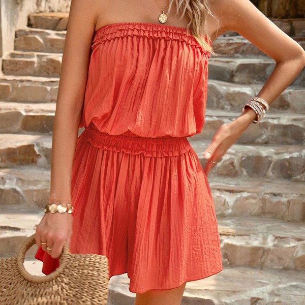 Dame Off Shoulder Playsuit Stroppeløs Shorts Jumpsuit med Vide Ben Egnet for Strandbruk Red M