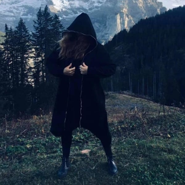 Unisex Langærmet Hætte Nazgul Lang Frakke Lynlås Fleeceforet Lang Hættetrøje Black 5XL