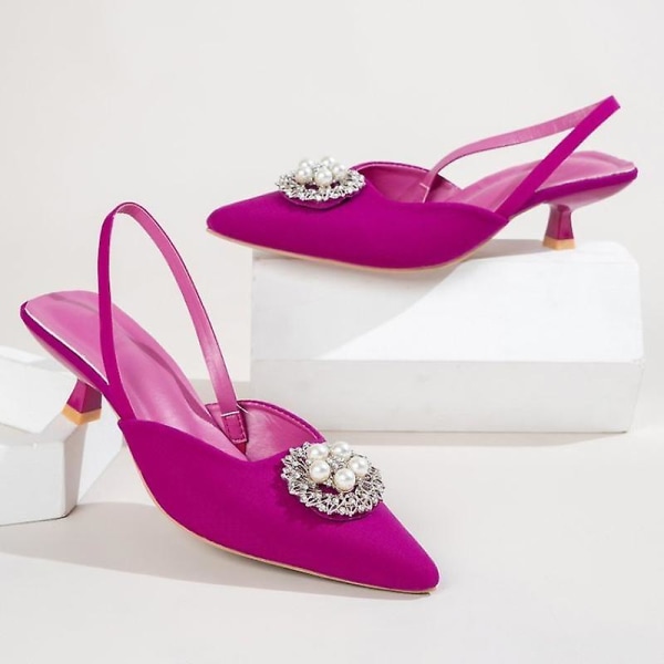Mode Sko Dame Høje Hæle Sommer Sandaler Rhinestones Fest Bryllupssko Pink Kitten Hæle Dame Klassiske Pumps rose red low heel 35