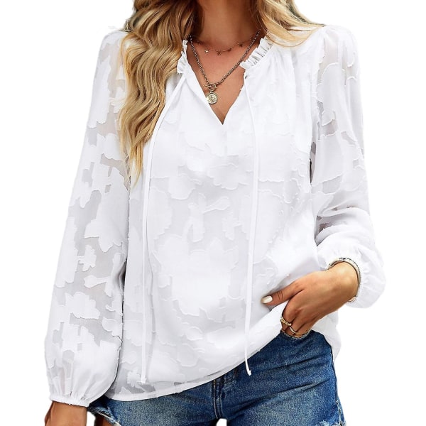 Kvinnors V-ringade långärmade toppar, snygg och vacker skjorta för middagsbjudning, bal och bankett White L