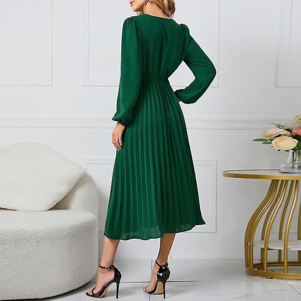 Elegant Dame Langærmet Midi Kjole Med Bælte Fest Bryllupsgæst Kontorkjoler Green S