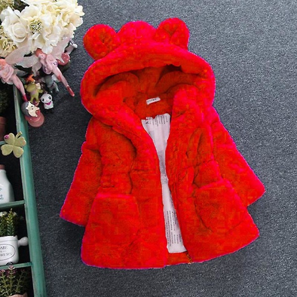 Barn Teddy Bear Fluffig Jacka Flickor Vinter Varma Fleece Huvtröja Ytterkläder Red 5-6 Years