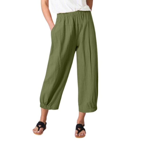 Dam Enfärgad Elastisk Midja Lös Croppad Byxa Sommar Vardaglig Långbyxa Army Green 2XL