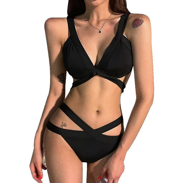 Gojoy Dame Todelt Højhalset Bikini Sæt Udskåret Badedragt Kryds B Badedragt Med Bm XL