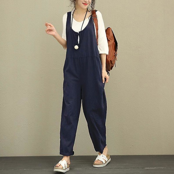 Dam Casual Solid Jumpsuit Lös Baggy Linne Dungarees Byxor Playsuit Overall Romper Blue L