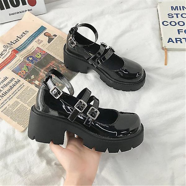 Kvinnor Pu Skor Höga Klackar Lolita College Studenter Japansk Stil Skor Retro Svart Höga Klackar Mary Jane Skor EURO 36